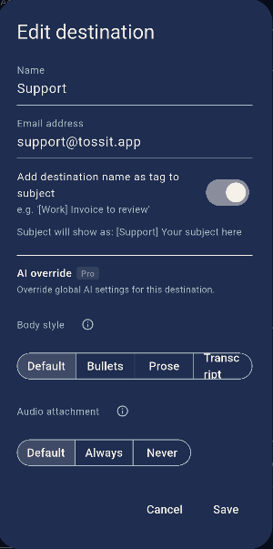 Edit destination screen in Toss showing name, email, subject tag and AI override fields