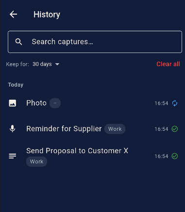 Toss history screen showing a capture with Sent status