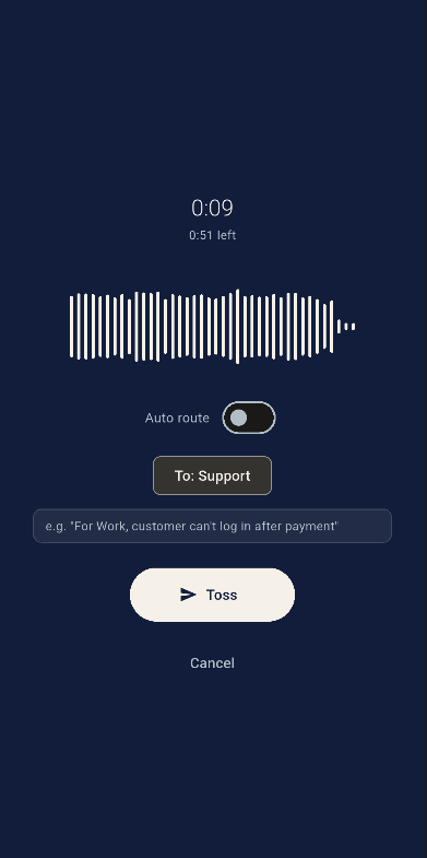 Toss voice recording screen with auto route off and destination picker showing