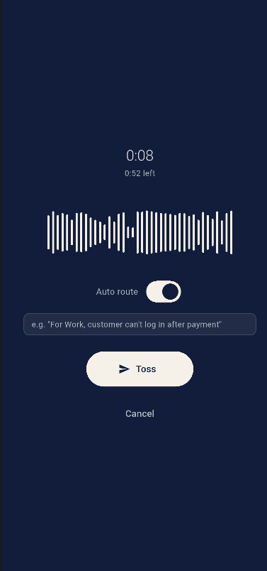 Toss voice recording screen with auto route toggle enabled