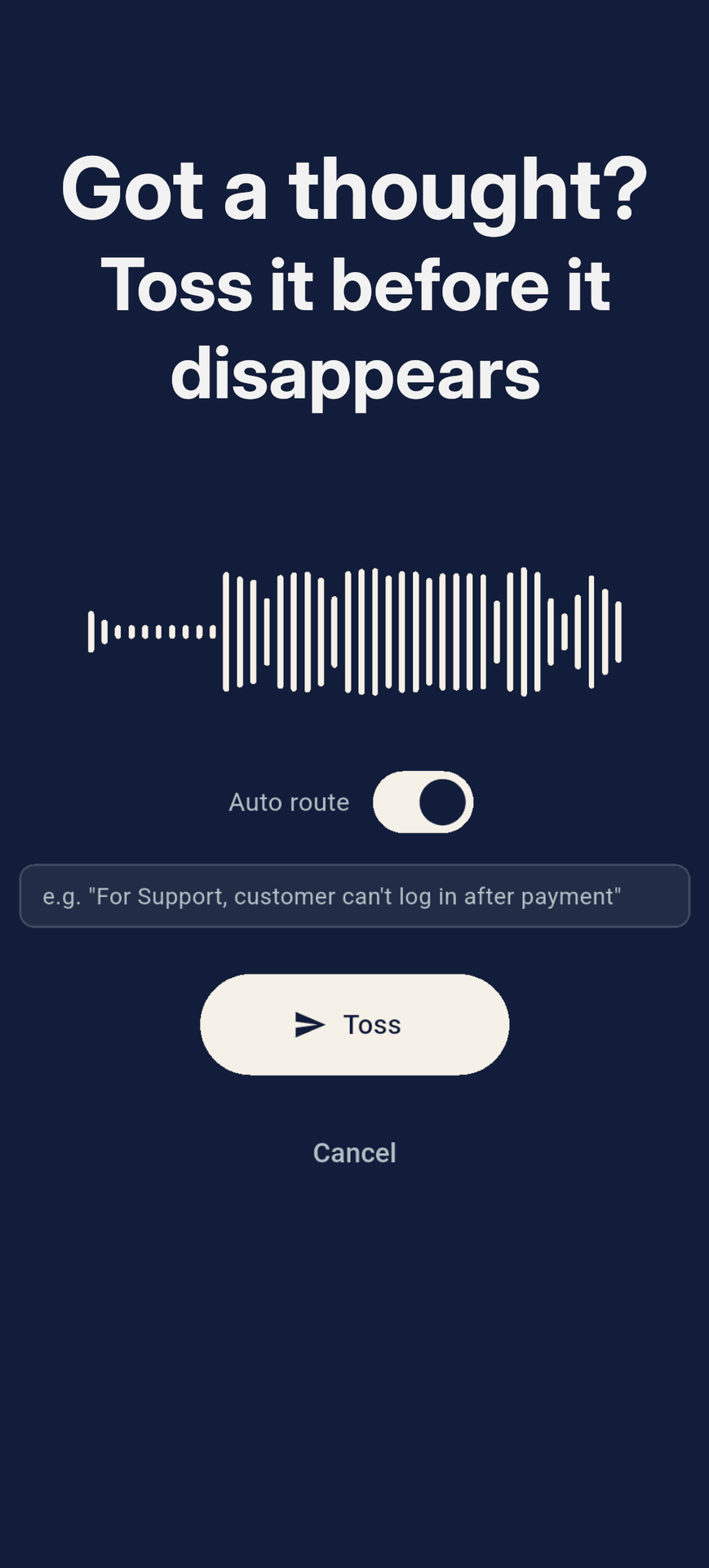 Toss recording screen with the Auto route toggle on